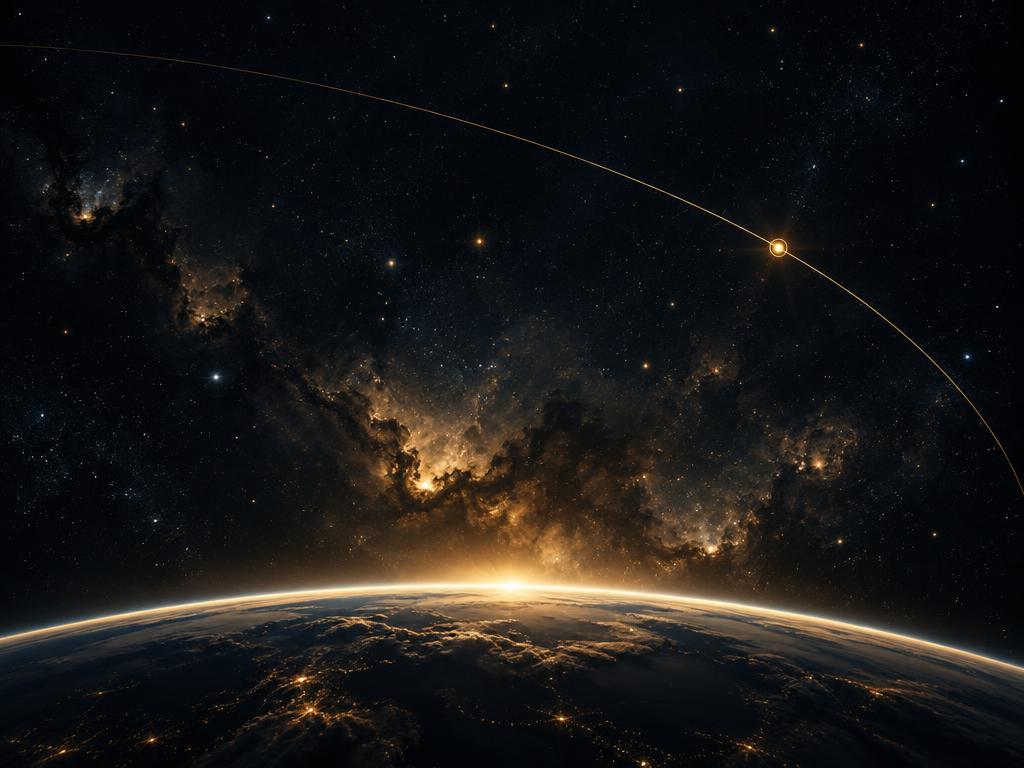 Deep space view of Earth's horizon with a golden orbital trajectory arc