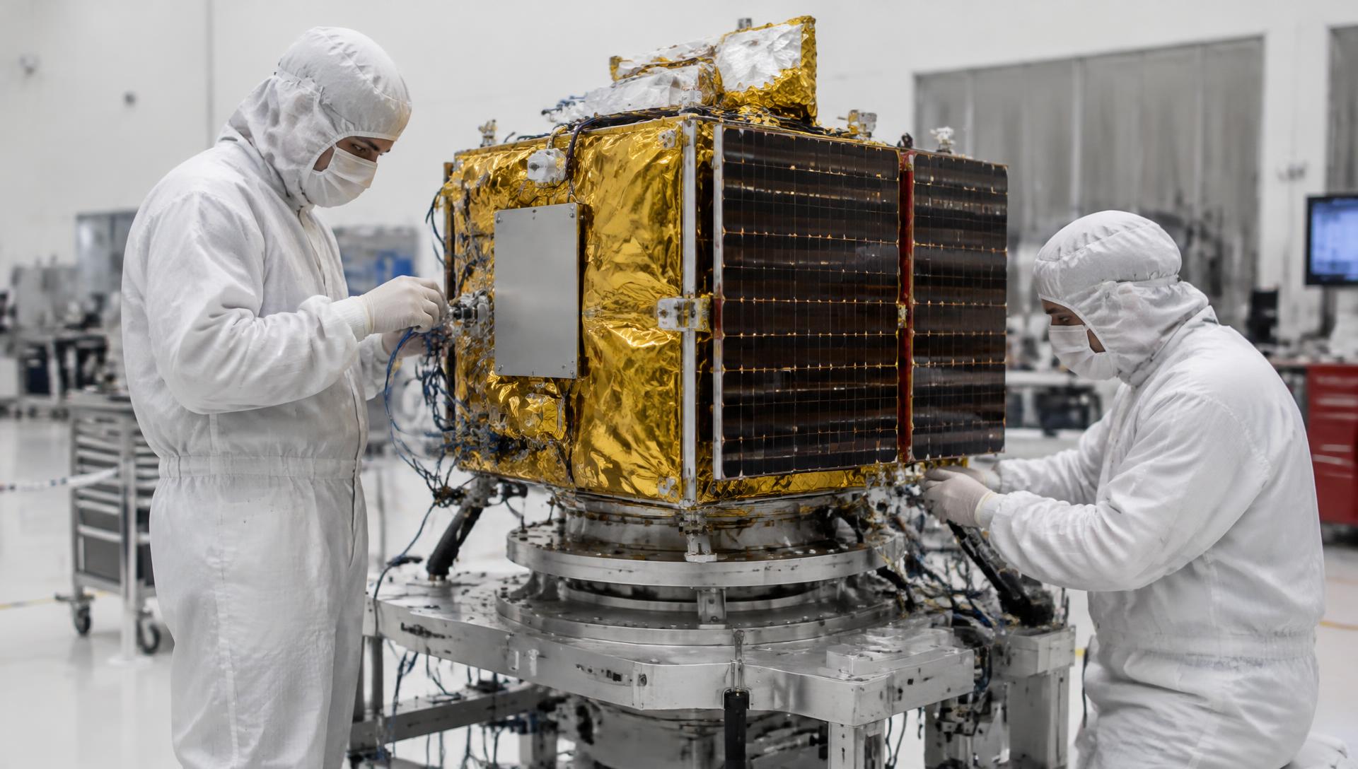 Engineers in a cleanroom integrating a satellite before launch