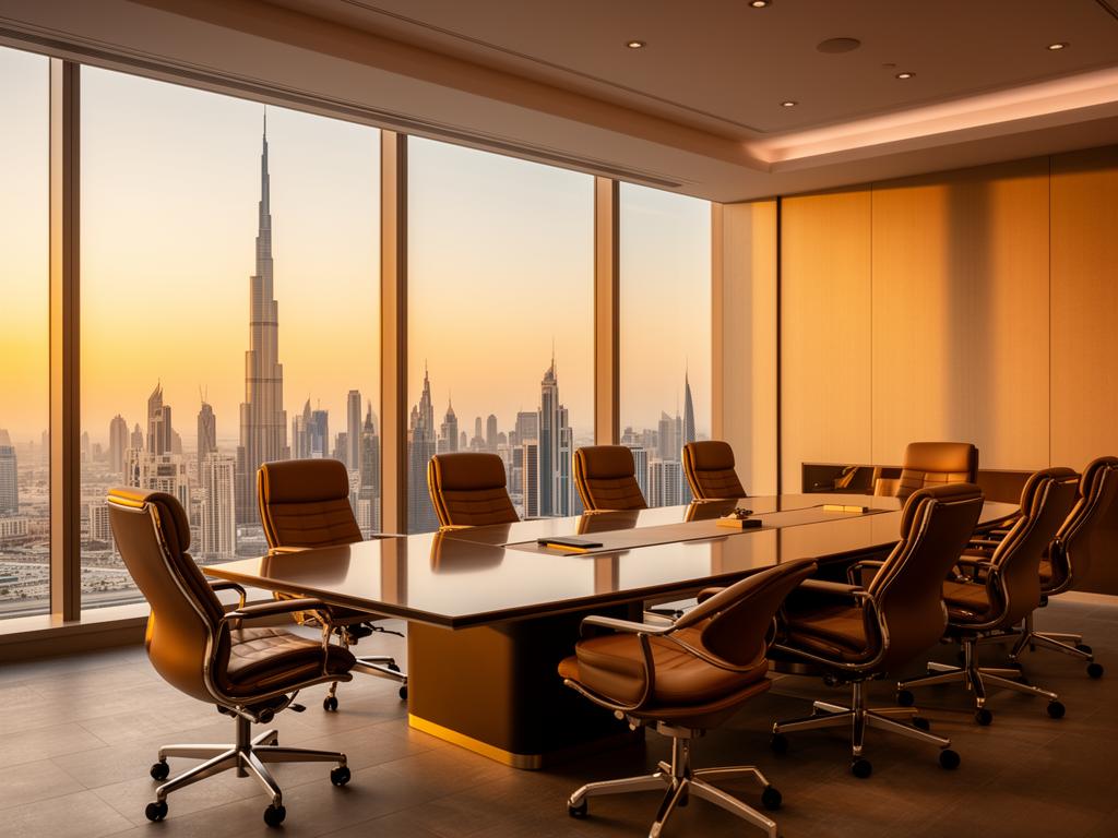 Executive boardroom with city skyline